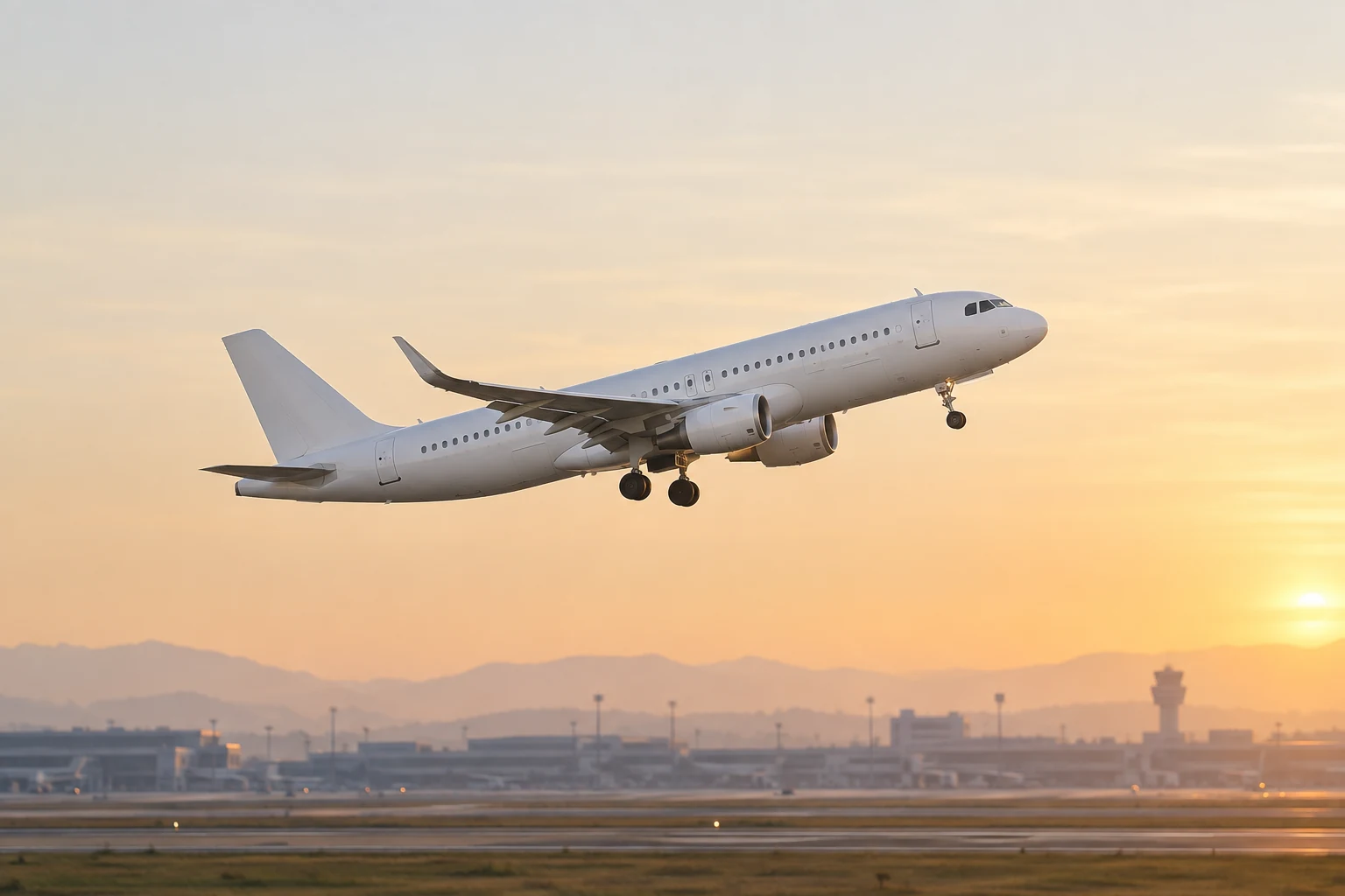 Illustrative aircraft departing in warm evening light.