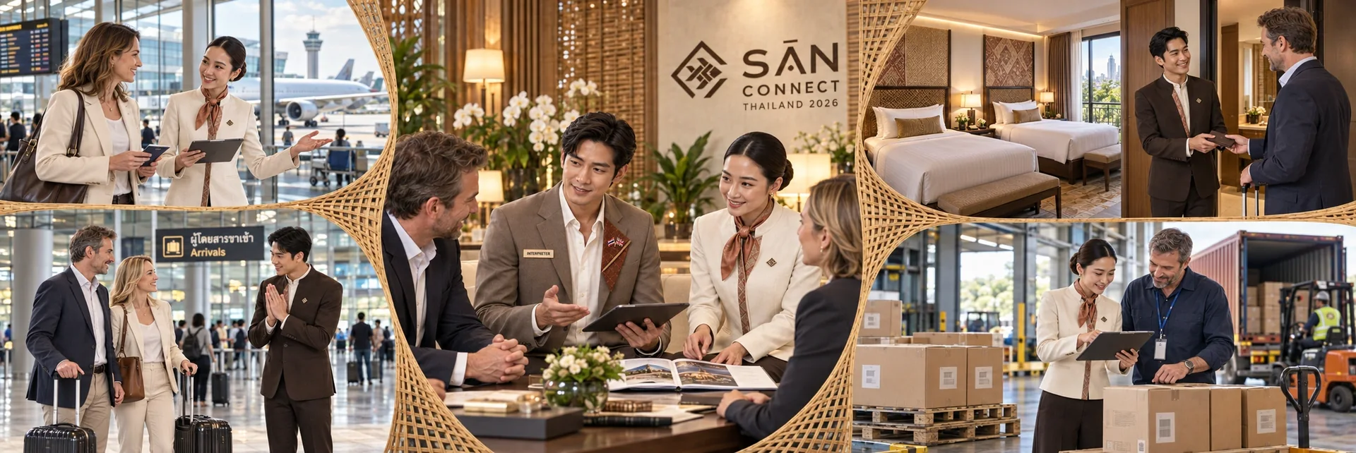 Illustrative SĀN services: female host assisting with air travel, male host welcoming guests at the airport, female host with a male interpreter in a taupe suit and language pins, male host assisting with a twin hotel room, and female host coordinating a small first shipment.