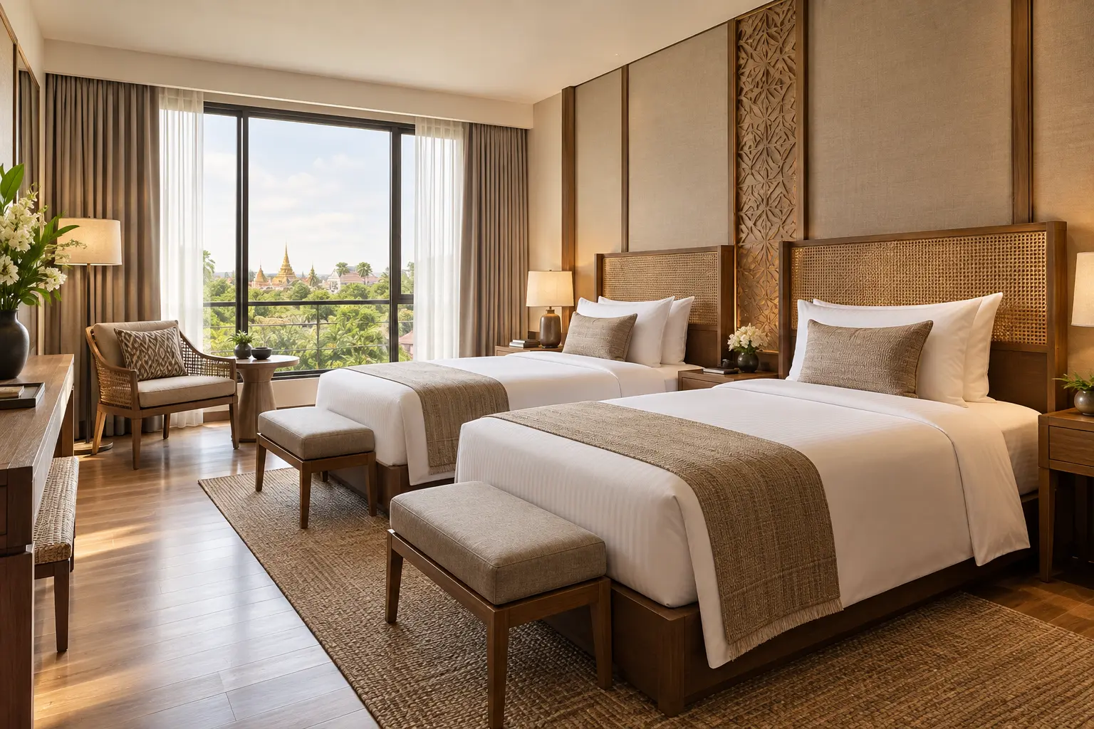 A comfortable twin-bed hotel room with warm timber and cream furnishings