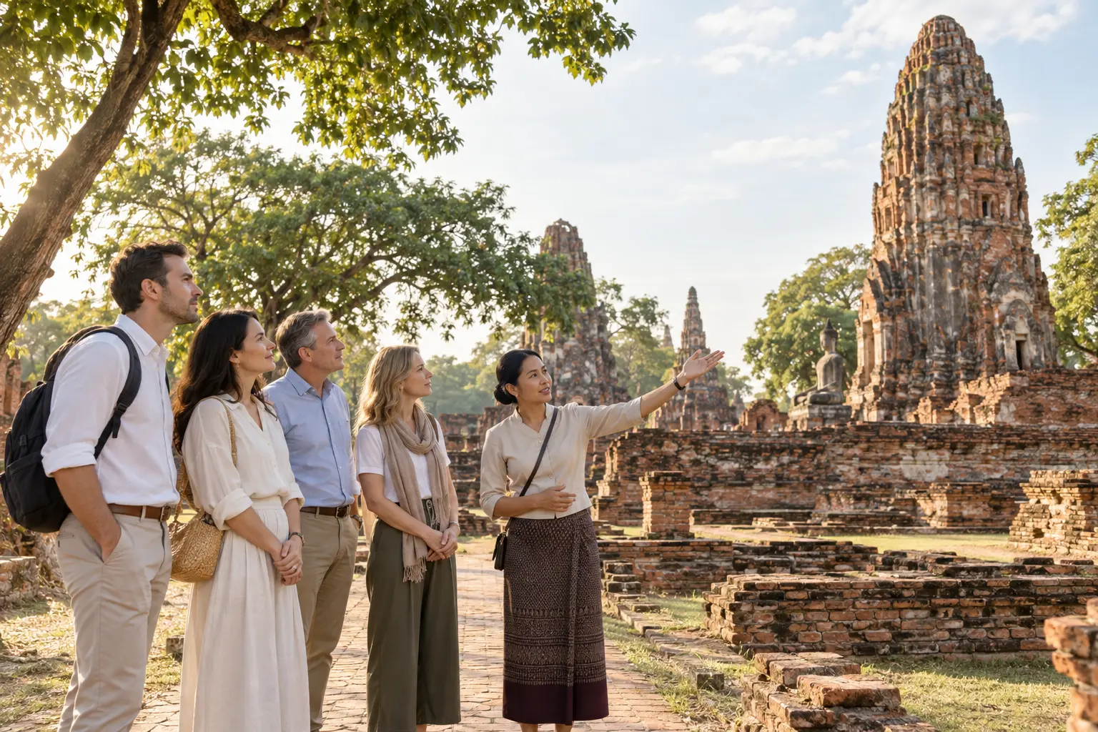 Business visitors discovering Ayutthaya’s ancient brick temple landscape