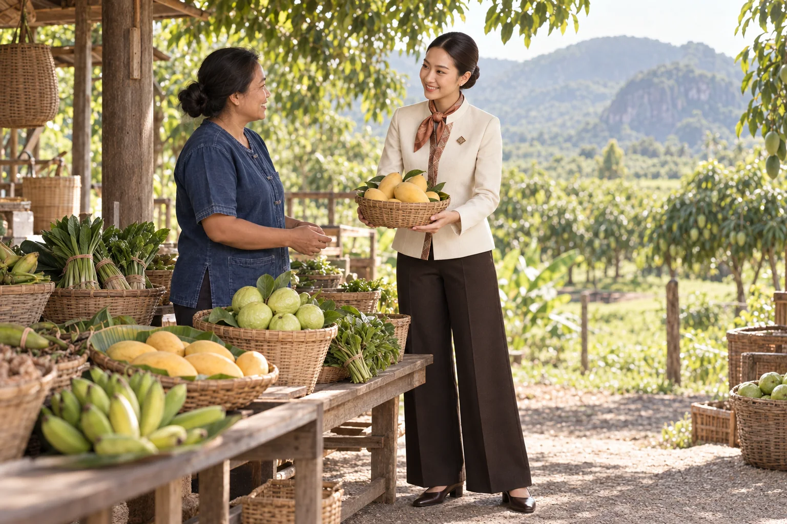 Illustrative scene: SĀN staff introducing Local fruit · agricultural products in Nakhon Nayok