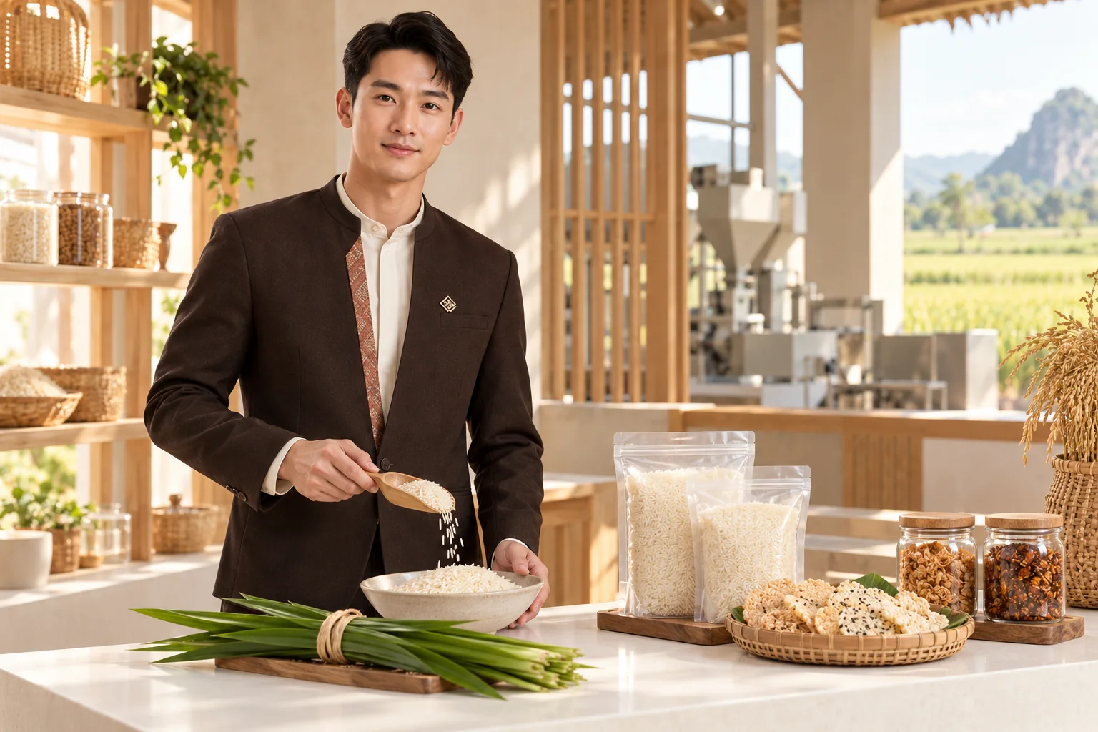 Illustrative scene: SĀN staff introducing Pandan-fragrant rice · local food processing in Nakhon Sawan
