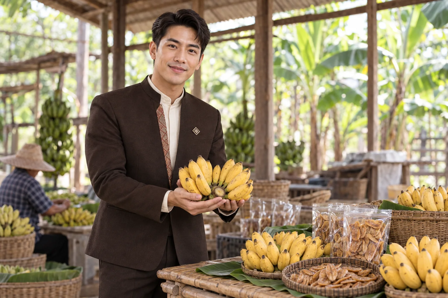 Illustrative scene: SĀN staff introducing Kluai Khai bananas · agricultural processing in Kamphaeng Phet