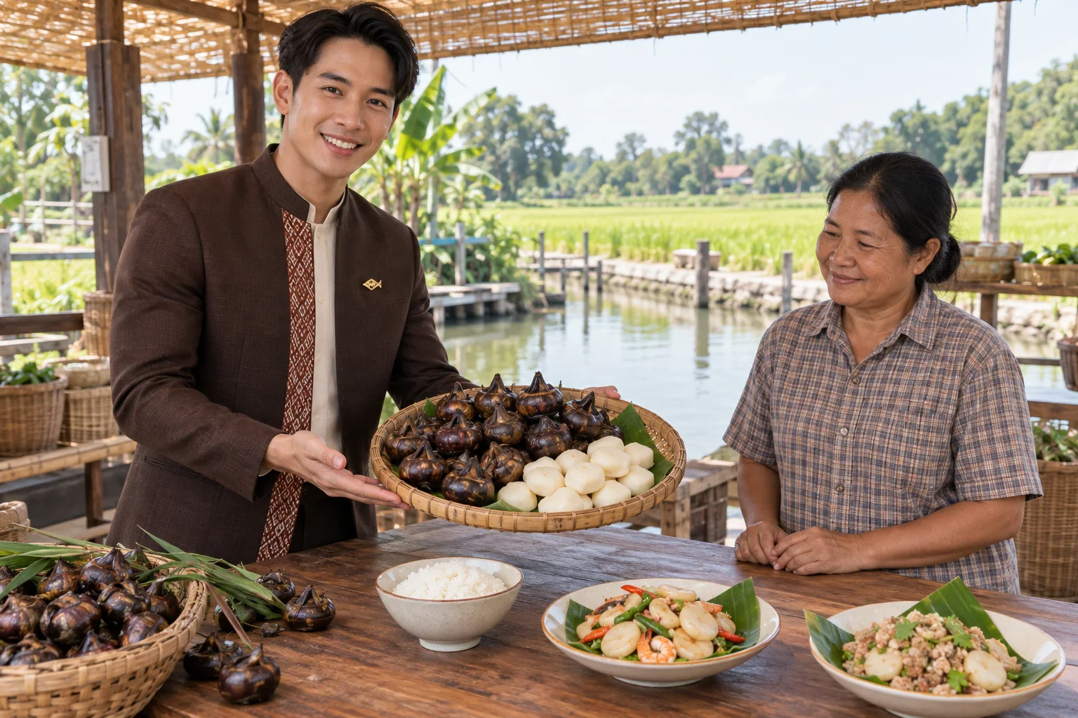 Illustrative scene: SĀN staff introducing Water chestnuts · rice · prepared foods in Suphan Buri
