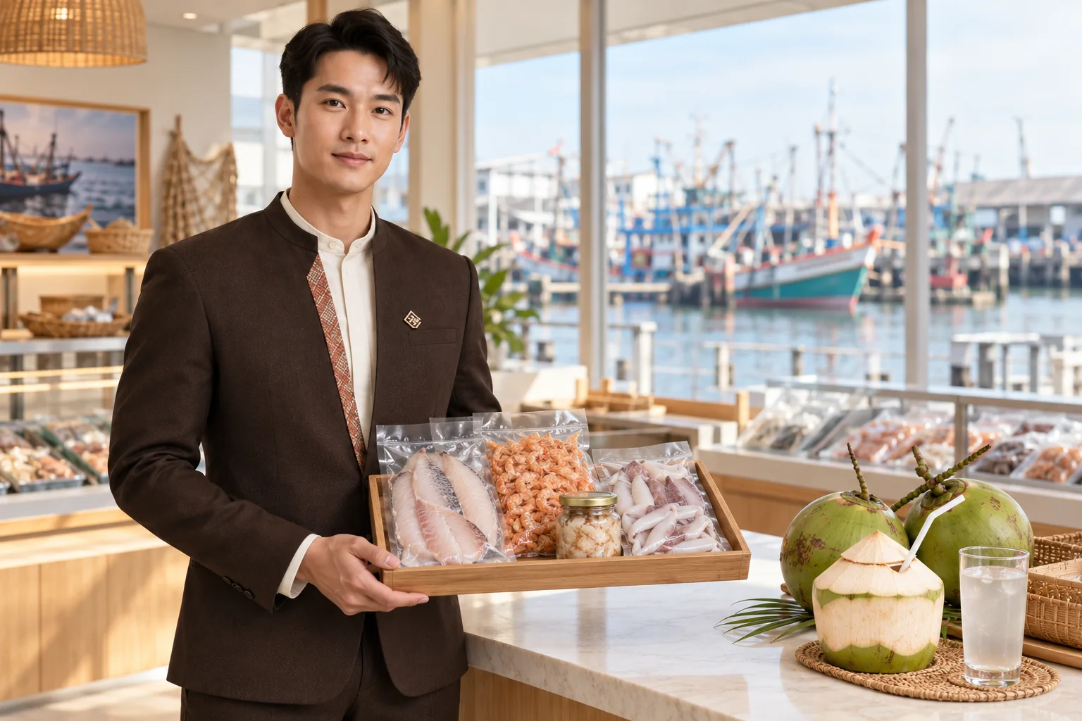 Illustrative scene: SĀN staff introducing Seafood processing · aromatic coconut in Samut Sakhon