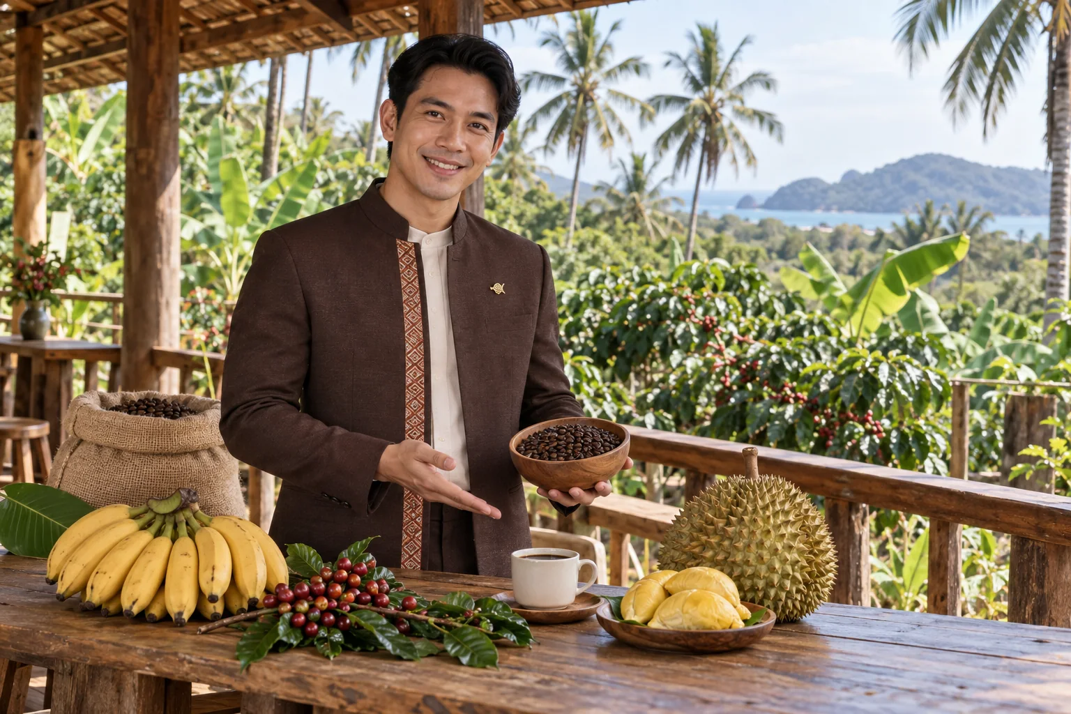 Illustrative scene: SĀN staff introducing Robusta coffee · bananas · durian in Chumphon