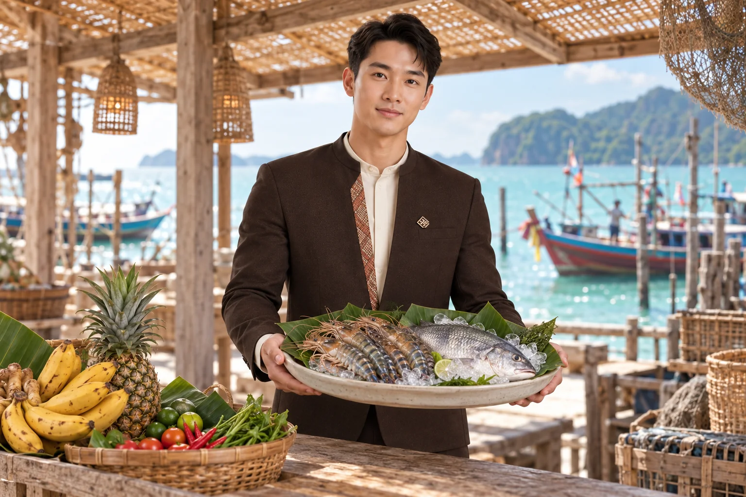 Illustrative scene: SĀN staff introducing Local seafood · agricultural products in Satun