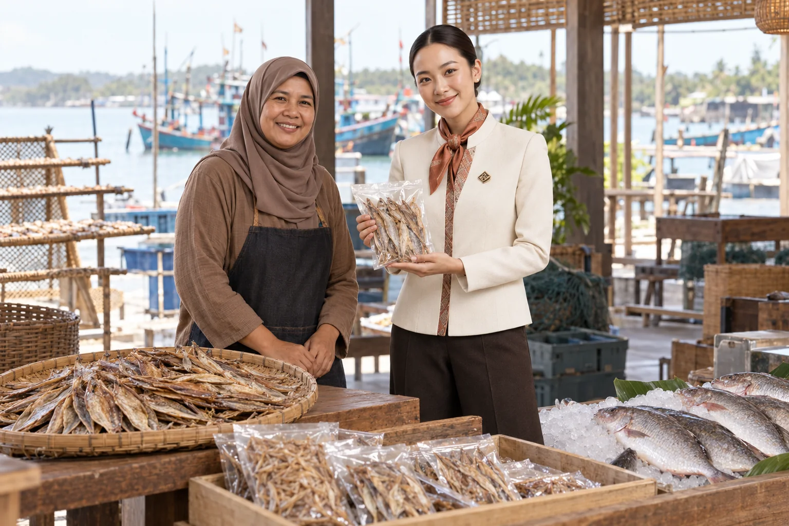 Illustrative scene: SĀN staff introducing Local seafood · processed fish products in Pattani