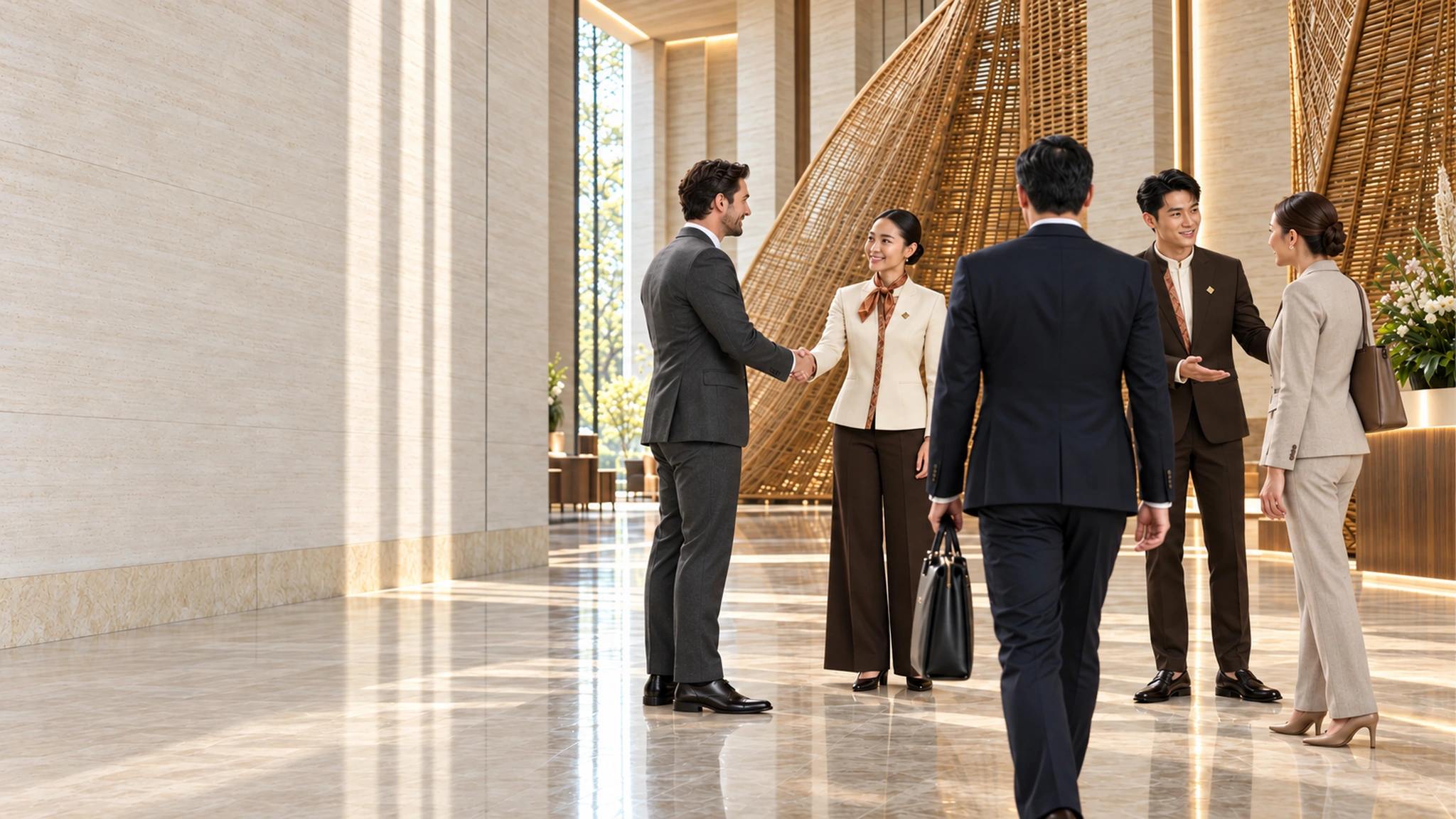 Illustrative guests and SĀN hosts greeting one another with a handshake in a contemporary Thai setting