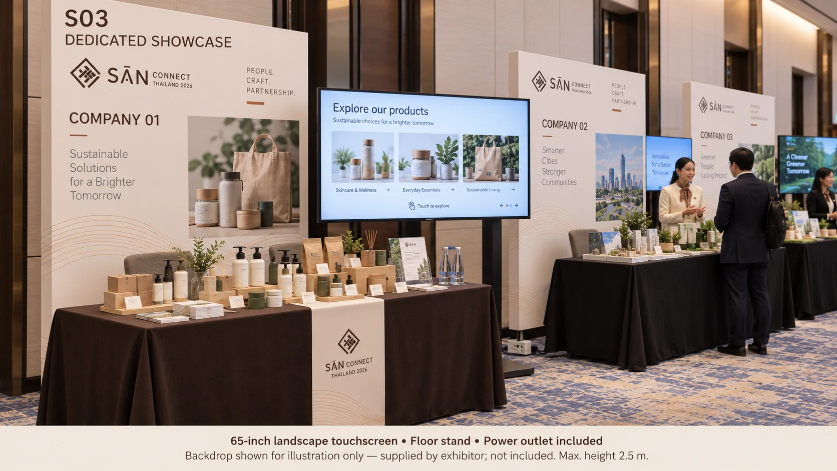 S03 company presentation area with a product table, 65-inch display on a stand and power point.